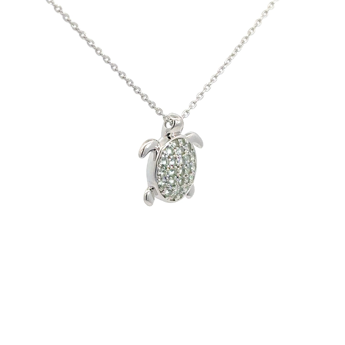 Sterling Silver Micro-Pave Green Aquamarine Turtle Pendant