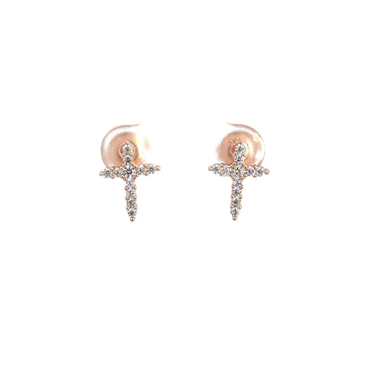 Sterling Silver Rose Vermeil Simulated Diamond Cross Earrings