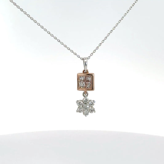 14k Two Toned 7/8cttw Square & Flower Pendant