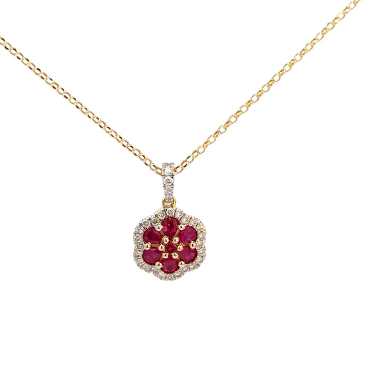 14k Yellow Gold Ruby & Diamond Flower Pendant