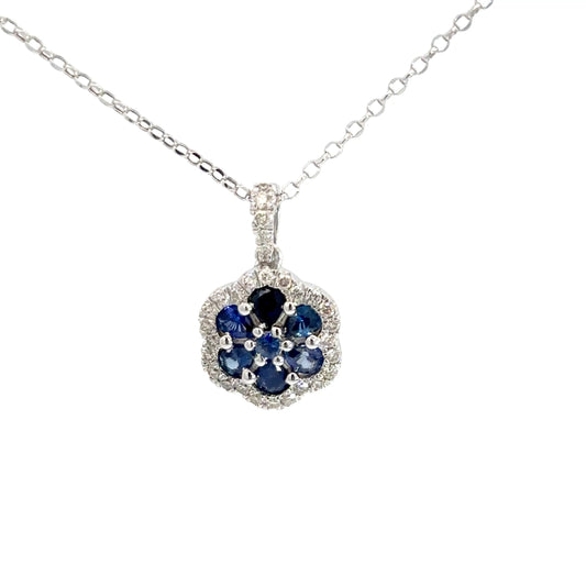 14k White Gold Diamond & Sapphire Flower Pendant