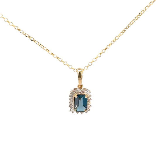 14k Yellow Gold Emerald Cut London Blue Topaz & Diamond Pendant