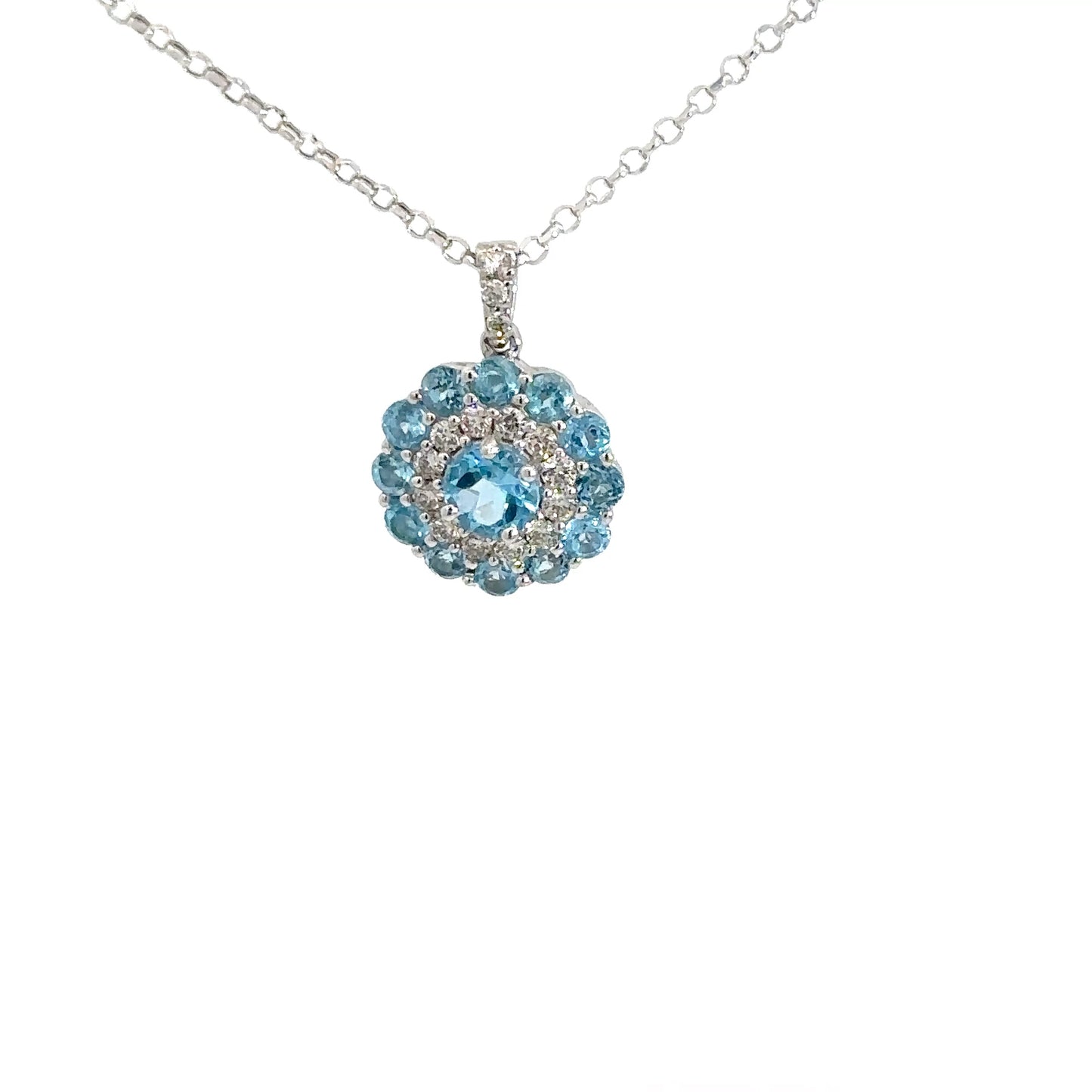 14k White Gold Blue Topaz & Diamond Pendant
