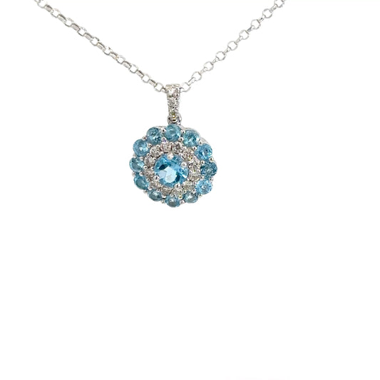14k White Gold Blue Topaz & Diamond Pendant