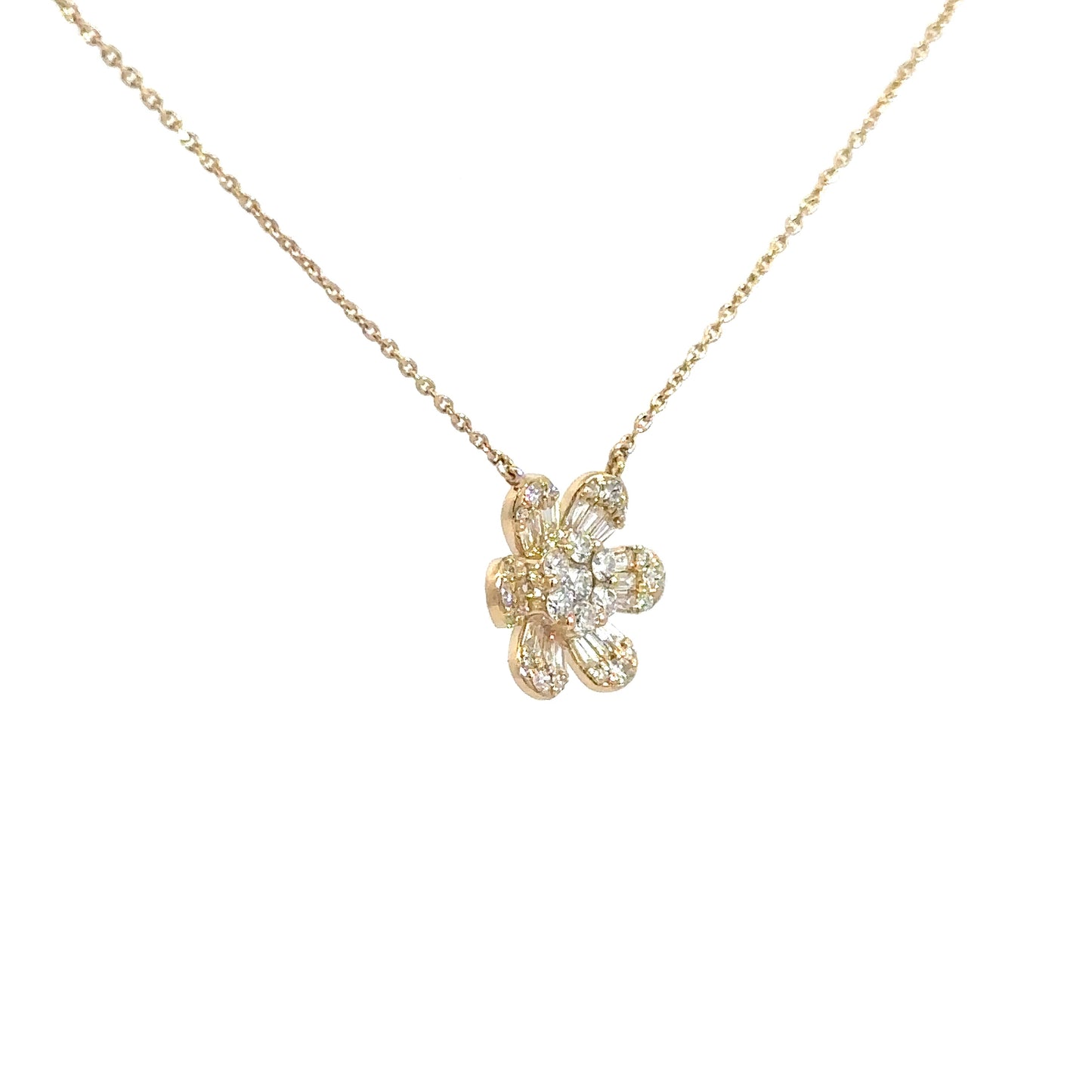 14k Yellow Gold Round & Baguette Diamond Flower Necklace