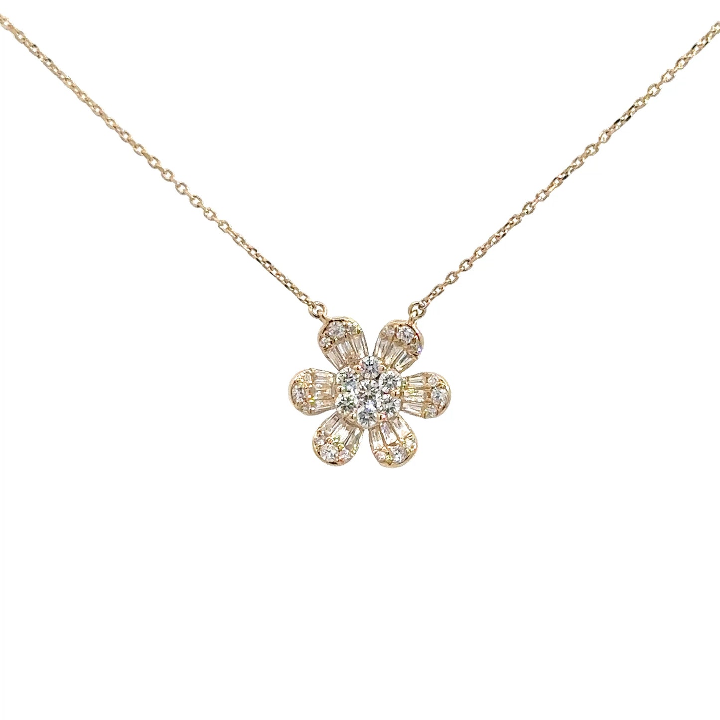14k Yellow Gold Round & Baguette Diamond Flower Necklace