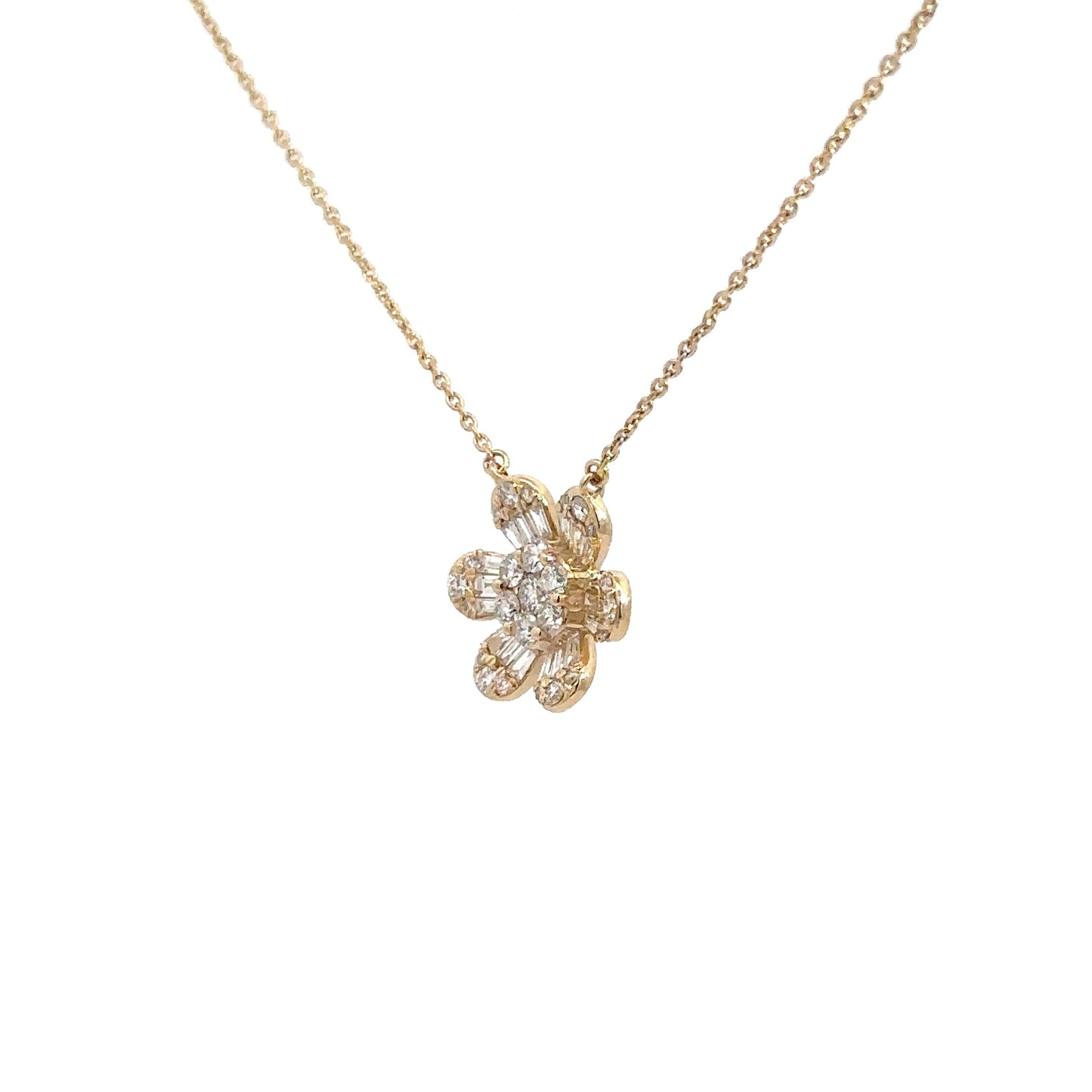 14k Yellow Gold Round & Baguette Diamond Flower Necklace
