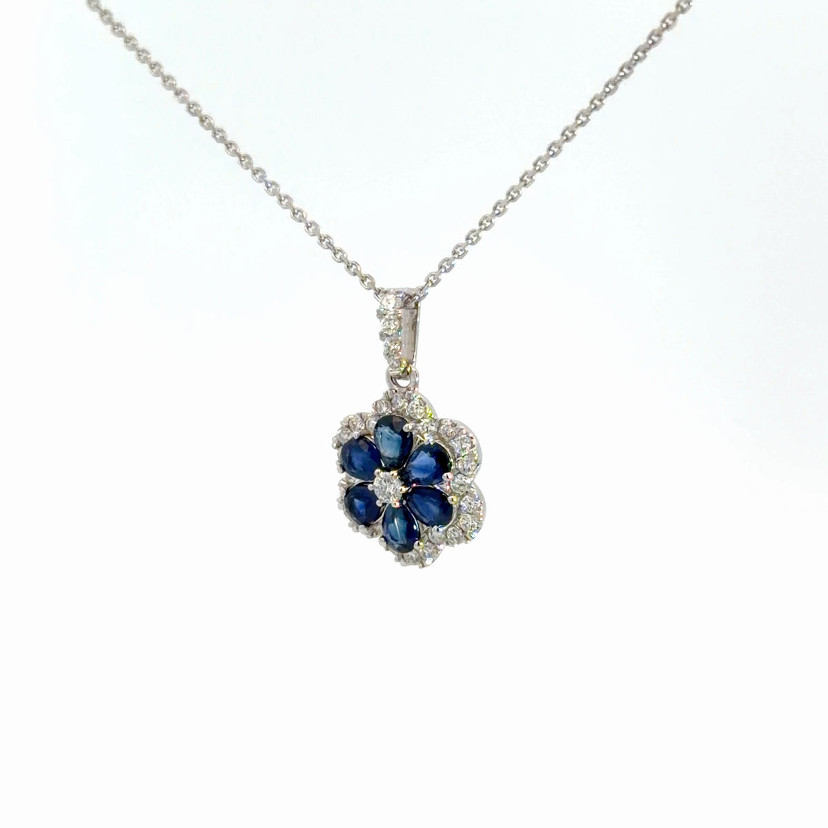 14k White Gold Diamond & Sapphire Flower Pendant