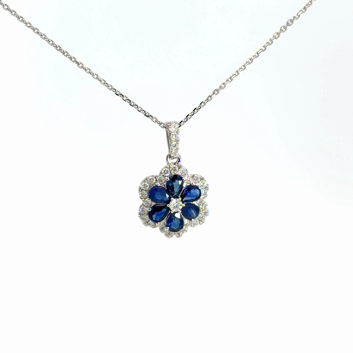 14k White Gold Diamond & Sapphire Flower Pendant