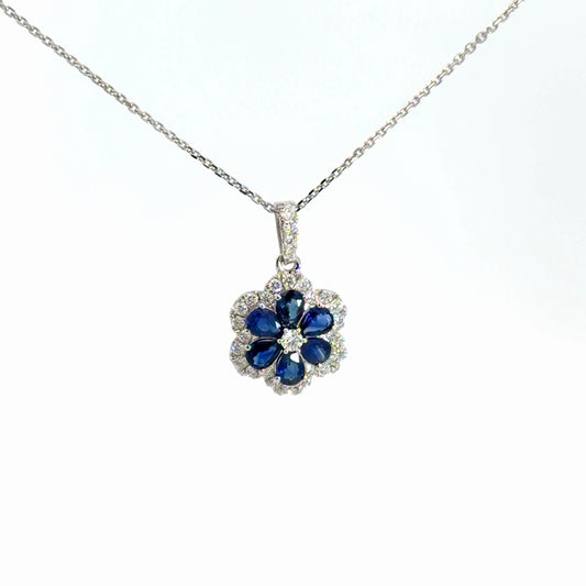 14k White Gold Diamond & Sapphire Flower Pendant