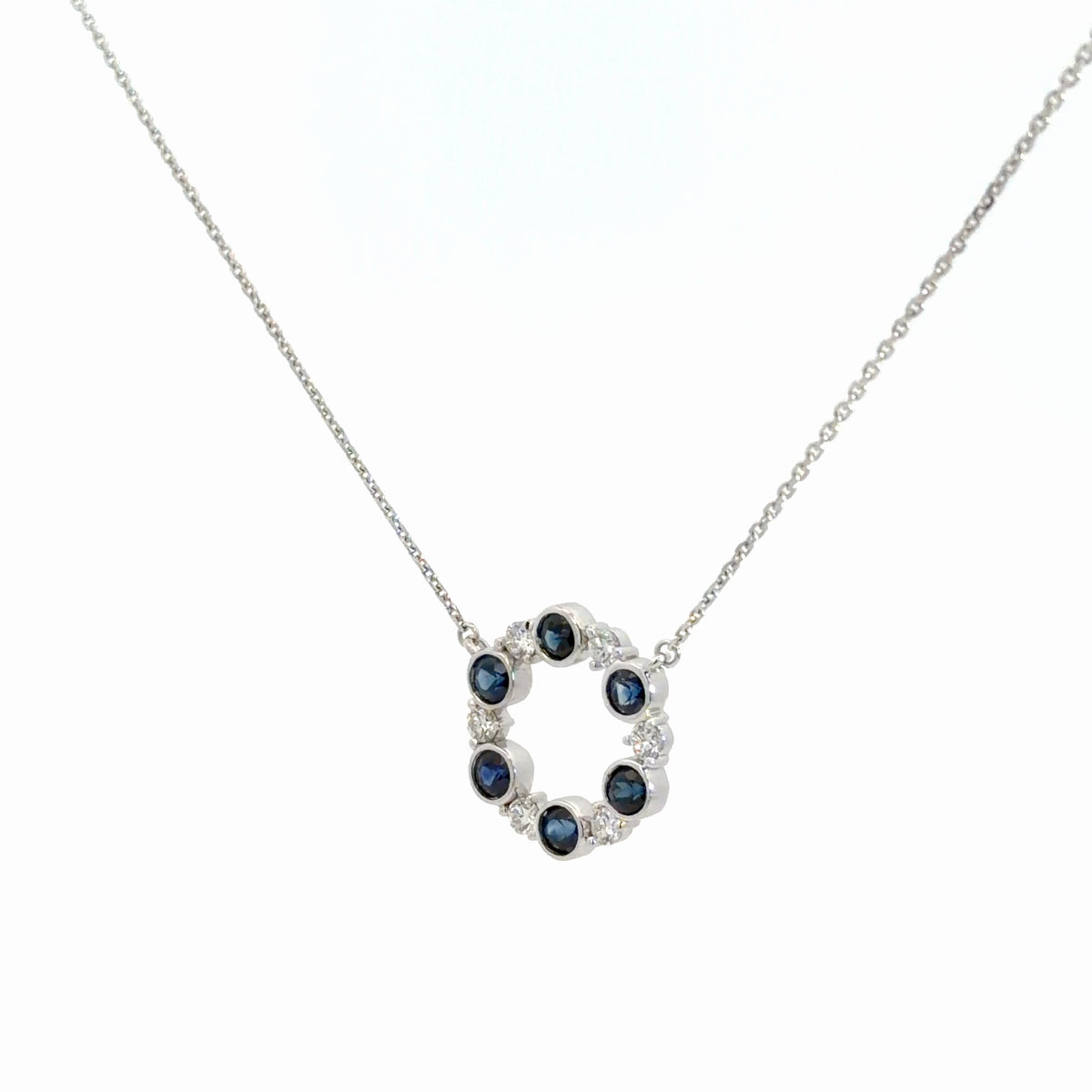 14k White Gold Diamond and Sapphire Circle Pendant