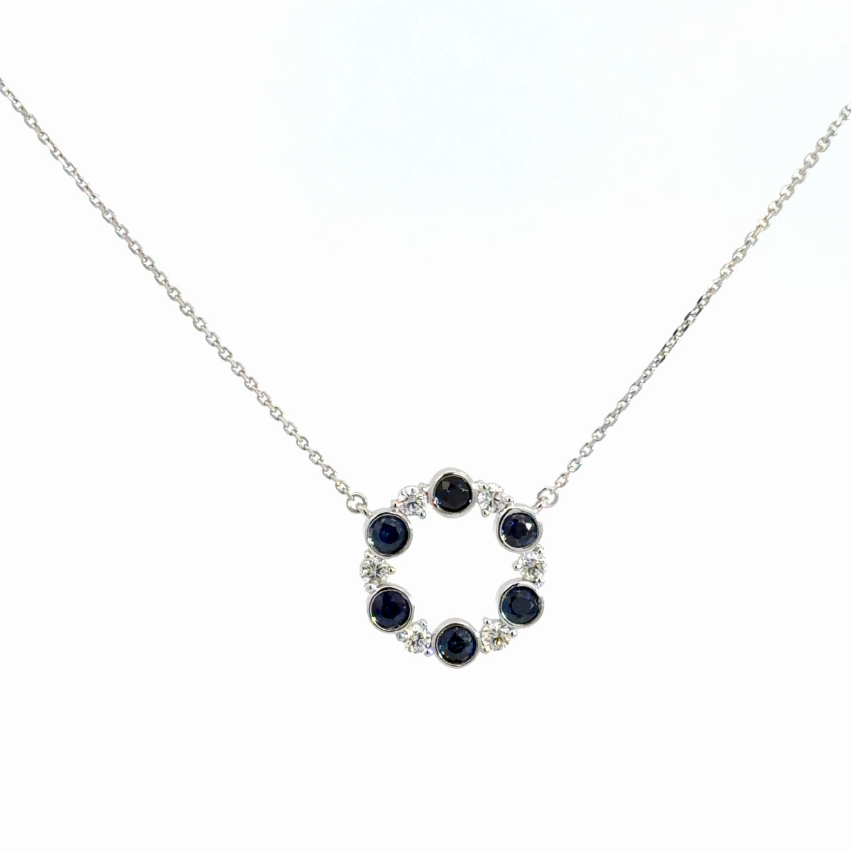 14k White Gold Diamond and Sapphire Circle Pendant