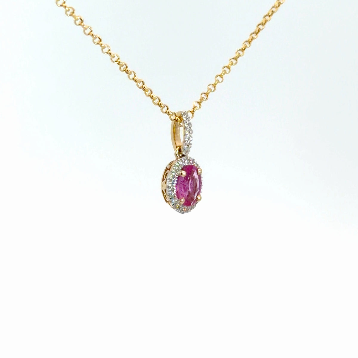 14k Yellow Gold Pink Sapphire & Diamond Pendant 1/8cttw
