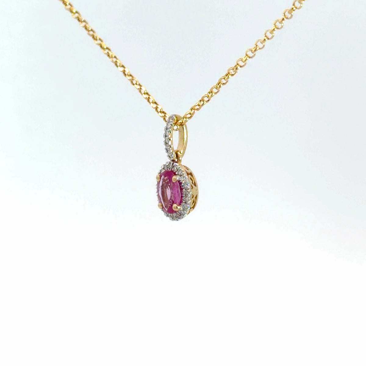 14k Yellow Gold Pink Sapphire & Diamond Pendant 1/8cttw