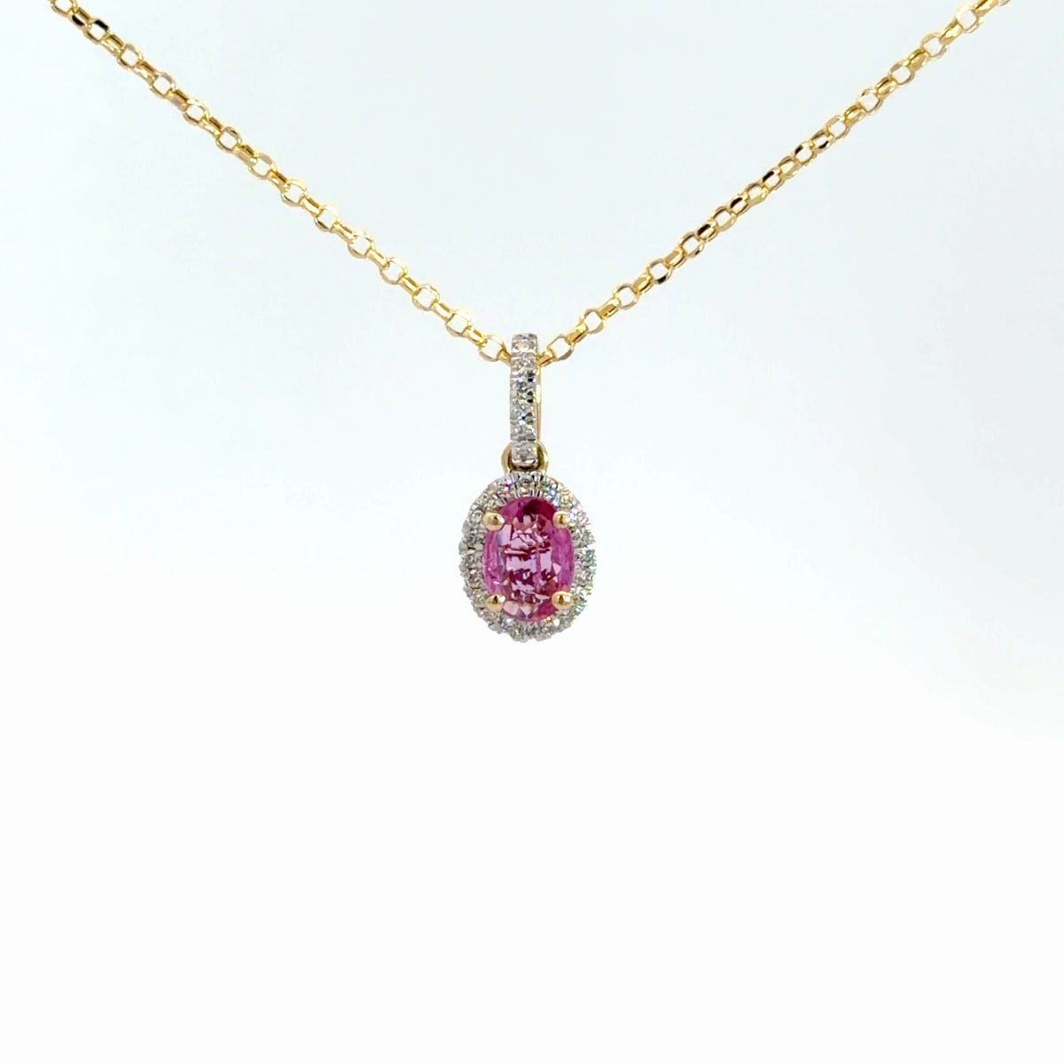 14k Yellow Gold Pink Sapphire & Diamond Pendant 1/8cttw