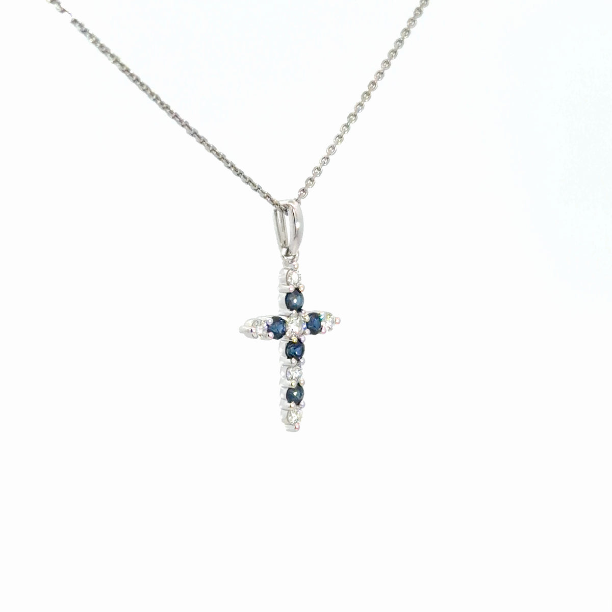 14k White Gold Diamond & Sapphire Cross