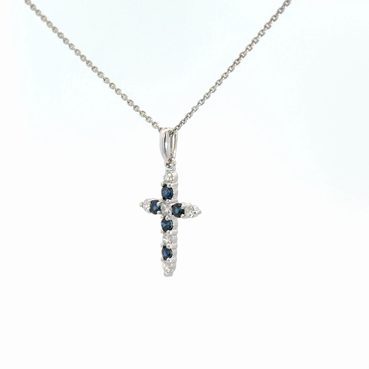 14k White Gold Diamond & Sapphire Cross