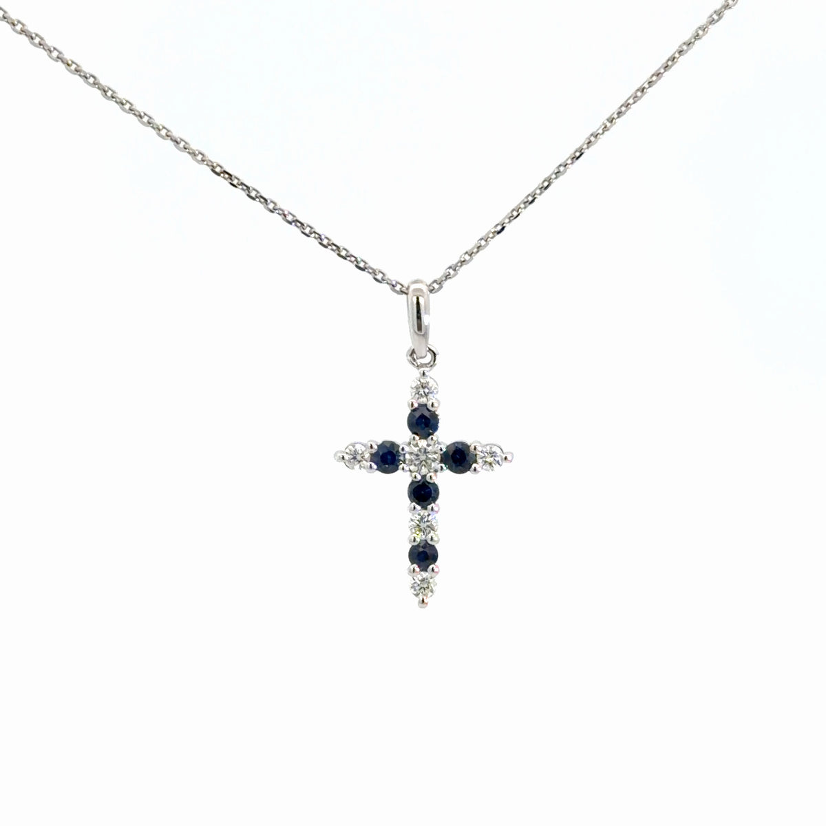 14k White Gold Diamond & Sapphire Cross