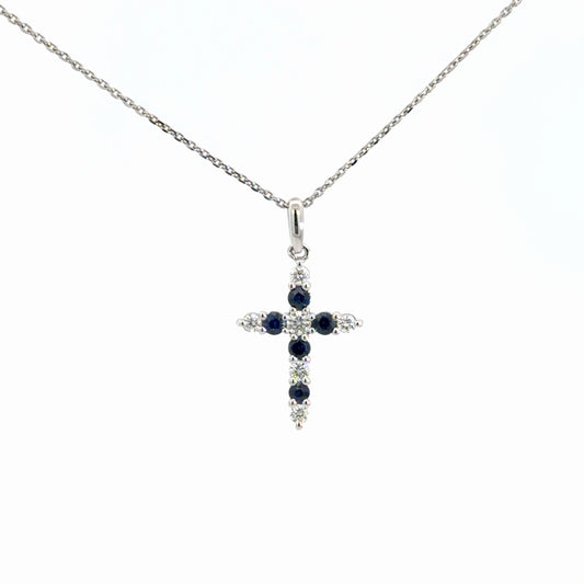 14k White Gold Diamond & Sapphire Cross