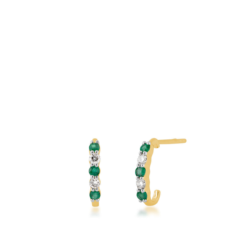 14k Yellow Gold Diamond & Emerald Hoops