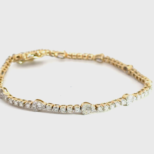 14k Yellow Gold Round & Baguette Diamond Bracelet 1.31cttw